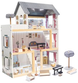 Veľký drevený domček pre bábiky s LED osvetlením a nábytkom