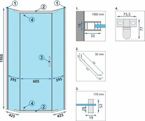 Päťuholníkový sprchovací kút REA AXIN 90x90 cm, chróm/transparent + vanička Diamond čierna