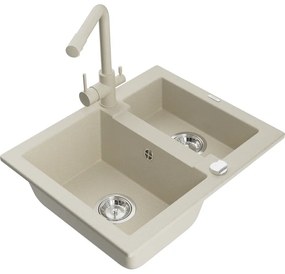 Mexen Carlos, 1,5-komorový granitový drez 582x475x177 mm a drezová batéria Duero, béžová, 6518-69-671600-69