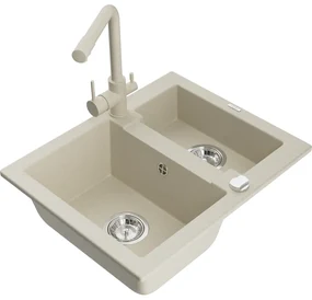 Mexen Carlos, 1,5-komorový granitový drez 582x475x177 mm a drezová batéria Duero, béžová, 6518-69-671600-69