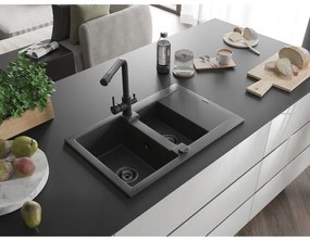 Mexen Gaspar, granitový drez 737x475x177 mm, 1,5-komorový, čierna batéria Duero, čierna škvrnitá, 6507-76-671600-70-B