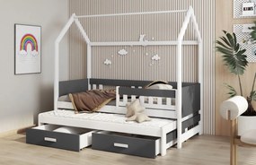 Detská domčeková posteľ z masívu borovice JASPER so šuplíkmi a prístelkou - 180x80 cm - biela/antracit