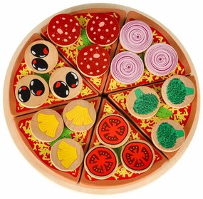KIK Drevená hracia súprava Pizza s príslušenstvom na krájanie a zdobenie, 27 ks