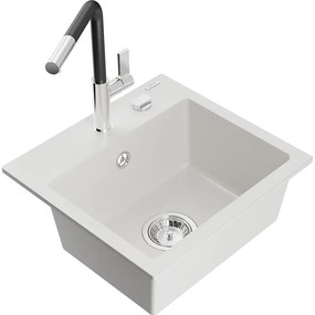 Mexen Milo, 1-komorový granitový drez 435x410x171 mm a drezová batéria Flora, biela, 6505-20-670401-07