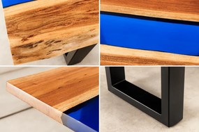Konferenčný stolík LIQUID 110 cm akáciové drevo s modrým epoxidovým pásom
