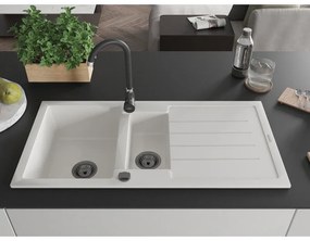 Mexen Andres, granitový drez 1000x500x200 mm, 1,5-komorový, biela s čiernym sifónom, 6515101510-20-B