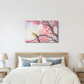 Obraz - Vtáčik na strome s červenými kvetmi (90x60 cm)