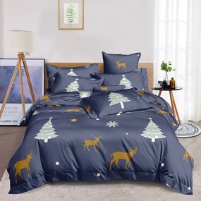 Krásne sivo modré posteľné obliečky s vianočnou tématikou stromčeka a sobov