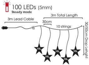 ACA Lighting LED vianočný záves Hviezdičky, 3x3m, studená biela, IP44, 100 LED