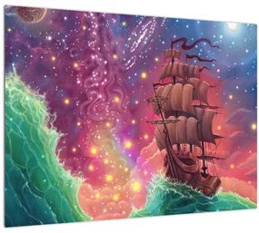 Sklenený obraz - Loď s vesmírnou oblohou (70x50 cm)