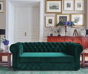 Elegantná 3-miestna sedačka Chesterfield zelená fľaša – rozkladacia na spanie
