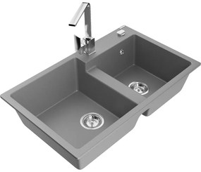 Mexen Tomas, granitový drez 800x500x190 mm, 2-komorový a chrómová batéria Rita, šedá, 6516-71-670300-00