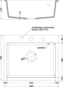 Mexen Elix granitový drez 1-komorový 600 x 500 mm, čierny, sifón chróm - 6525601005-77