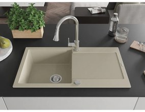 Mexen Leo, 1-komorový granitový drez 900x500x190 mm a drezová batéria Elia, béžová, 6501-69-670101-00