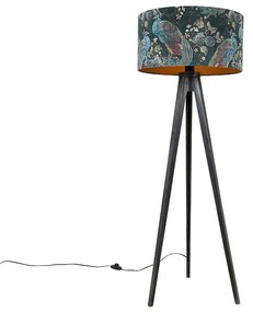 Stojaca lampa trojnožka čierna s tienidlom páv 50 cm - Tripod Classic