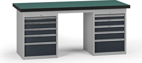 Pracovný stôl do dielne G8, 1800 x 750 x 800 mm, 2x kontejner, 10 zásuviek, grafit