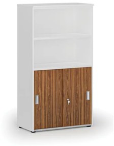 Kombinovaná kancelárska skriňa PRIMO WHITE, zasúvacie dvere na 2 poschodia, 1434 x 800 x 420 mm, biela/orech