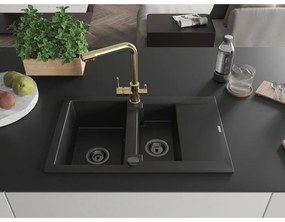 Mexen Gaspar, granitový drez 737x475x177 mm, 1,5-komorový, zlatá batéria Duero, čierna, 6507-77-671600-50-B