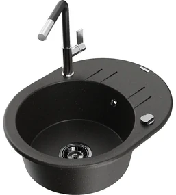Mexen Kevin, 1-komorový granitový drez 586x458x190 mm a drezová batéria Flora, čierna-zlatá metalíza, 6517-75-670401-07-B
