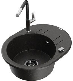 Mexen Kevin, 1-komorový granitový drez 586x458x190 mm a drezová batéria Flora, čierna-zlatá metalíza, 6517-75-670401-07-B