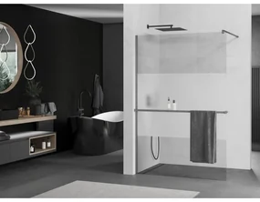 Mexen Kioto+, sprchová zástena Walk-In s poličkou a vešiakom 120 x 200 cm, 8mm číre sklo-námraza, grafitový profil, 800-120-121-66-35