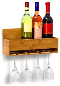 Bambusový nástenný stojan na víno Relaxdays RD9144 – držiak na 4 fľaše a 4 poháre