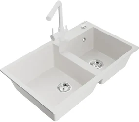 Mexen Tomas, granitový drez 800x500x190 mm, 2-komorový a biela batéria Duero, biela, 6516-20-671600-20