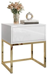 NOČNÝ STOLÍK EDWARD GLOSS BIELY LESK + ZLATÝ PODSTAVEC