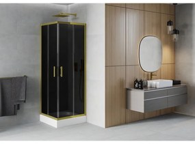 Mexen Rio, štvorcový sprchovací kút s posuvnými dverami 80(dvere) x 80(dvere) x 190 cm, 6mm šedé sklo, zlatý profil + biela sprchová vanička RIO, 860-080-080-50-40-4510