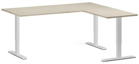 Výškovo nastaviteľný stôl, 180x160 cm, 3 motory, L/P, biela podnož, dub prírodný