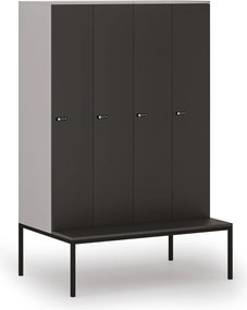 Drevená šatníková skrinka S4 s lavičkou, 4 oddiely, 1871 x 1200 x 500/800 mm, demont, mechanický kódový zámok, sivá/grafit