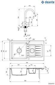 Deante Zorba, granitový drez 760x440x160 mm Z/O + priestorovo úsporný sifón, 1,5komorový + Nemezja batéria, grafitová, ZQZA2513