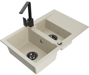 Mexen Gaspar, granitový drez 737x475x177 mm, 1,5-komorový a čierna batéria Rita, béžová, 6507-69-670300-70