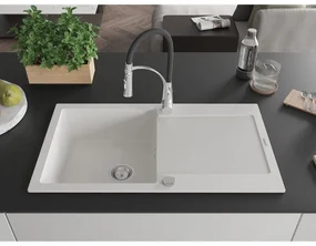Mexen Leo, granitový drez 900x500x190 mm, 1-komorový a drezová batéria Aster, biela, 6501-20-73450-07
