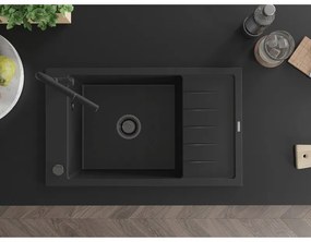 Mexen Elias, 1-komorový granitový drez 795x480x200 mm a drezová batéria Flora, čierna, 6511-77-670401-70-B