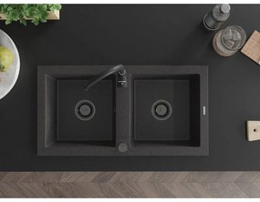 Mexen Mario, granitový drez 820x436x161 mm, 2-komorový, čierna-škvrny s čiernym sifónom, 6504822000-76-B