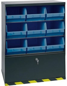 Závesný regál s plastovými boxmi BASIC a priehradkou, 9 boxov