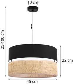 Závesné svietidlo Rattan, 1x ratanové/čierne textilné tienidlo, (fi 45cm)
