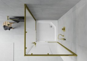 Mexen Rio, štvorcový sprchovací kút s posuvnými dverami 90(dvere) x 90(dvere) x 190 cm, 6mm sklo námraza, zlatý profil + biela sprchová vanička RIO, 860-090-090-50-30-4510