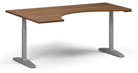 Výškovo nastaviteľný stôl OBOL, elektrický, 675-1325 mm, ergonomický ľavý, doska 1800x1200 mm, sivá zaoblená podnož, orech
