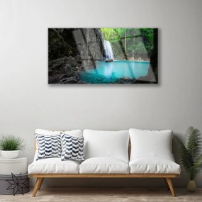Obraz na skle Jazero vodopád príroda 140x70 cm