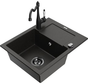 Mexen Enzo, granitový drez 576x465x174 mm, 1-komorový a drezová batéria Carla, čierna-zlatá metalíza, 6506-75-670700-70-B