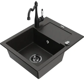Mexen Enzo, granitový drez 576x465x174 mm, 1-komorový a drezová batéria Carla, čierna-zlatá metalíza, 6506-75-670700-70-B
