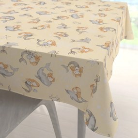 Biante Detský bavlnený štvorcový obrus Sandra SA-670 Sivo-hnedé morské panny s delfínmi na žltobéžovom 70x70 cm