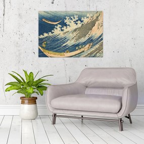 Sklenený obraz - Katsushika Hokusai, Fishing Boats at Choshi in Shimosa (Soshu Choshi) , reprodukcia (70x50 cm)