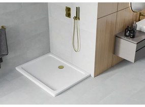 Sprchová vanička MEXEN FLAT so zlatým sifónom 130 x 80 cm biela