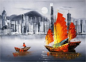 Sklenený obraz - Victoria Harbor, Hong Kong, čiernobiela olejomaľba (70x50 cm)