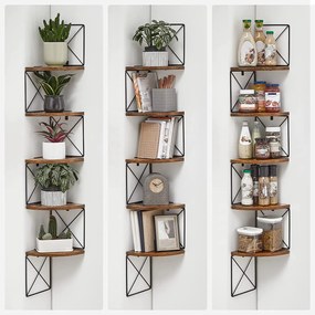 Nástenná rohová polica, 5 úrovní, rustikálna hnedá a čierna