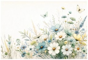 Tapeta pastelové lúčne kvety a lietajúce motýle