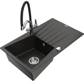 Mexen Cesar, 1-komorový granitový drez 775x470x190 mm a drezová batéria Duo, čierna-zlatá metalíza, 6514-73-671701-70-B